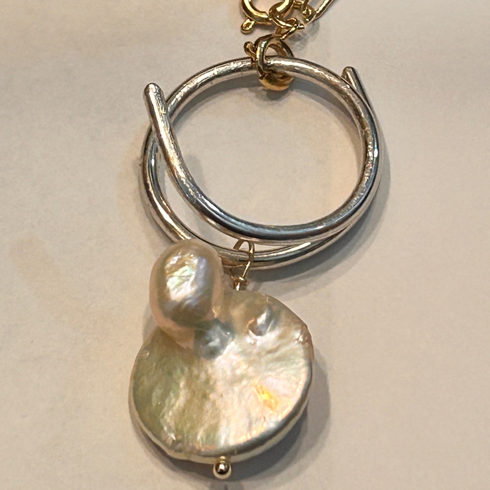 Artisan 14K Gold Filled Paperclip Necklace with Baroque Pearl Pendant